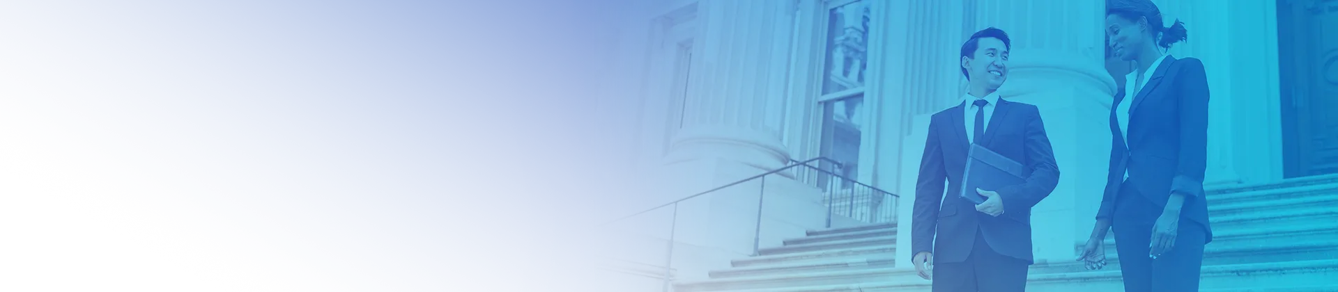 Public Sector banner - Two Well Dressed Professionals Walk Down Courthouse Steps Outdoors